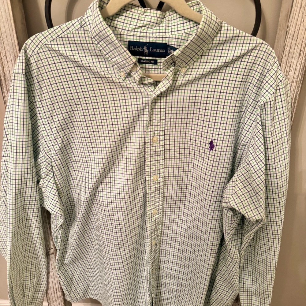 Ralph Lauren Classic Fit Shirt XL 17 Green Blue Plaid Check Cotton Pony Logo